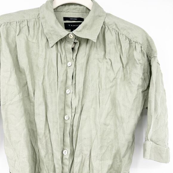TAHARI Womens 100% Linen Beachy Button Front Belted Shirt Dress Size S Green - Picture 8 of 9